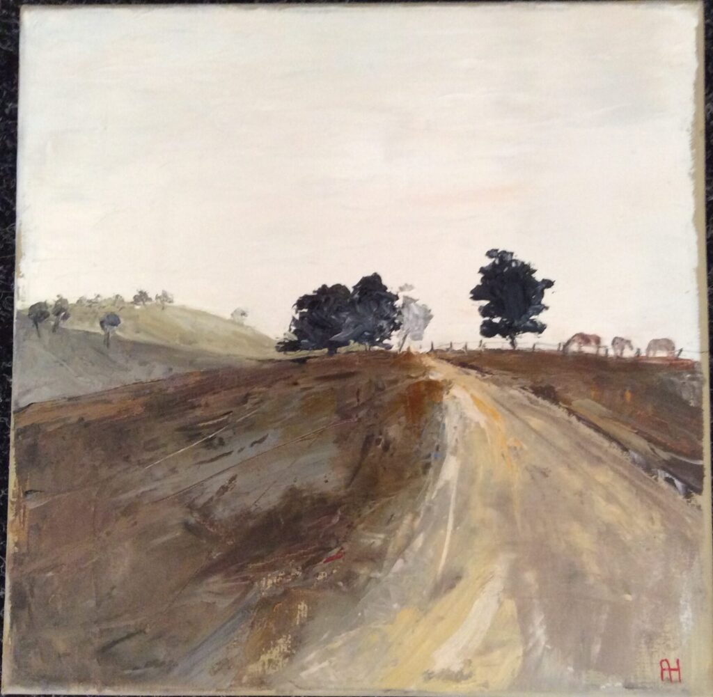 artwork, annie herron, oil, landscape, road, hill, trees
