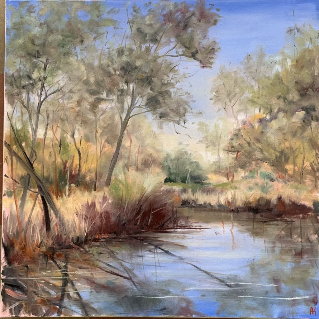 landscape artwork annie herron waterway trees oil on canvas