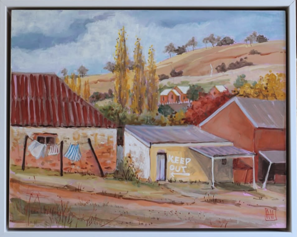 Carcoar station, gouache on board, art work by Annie Herron