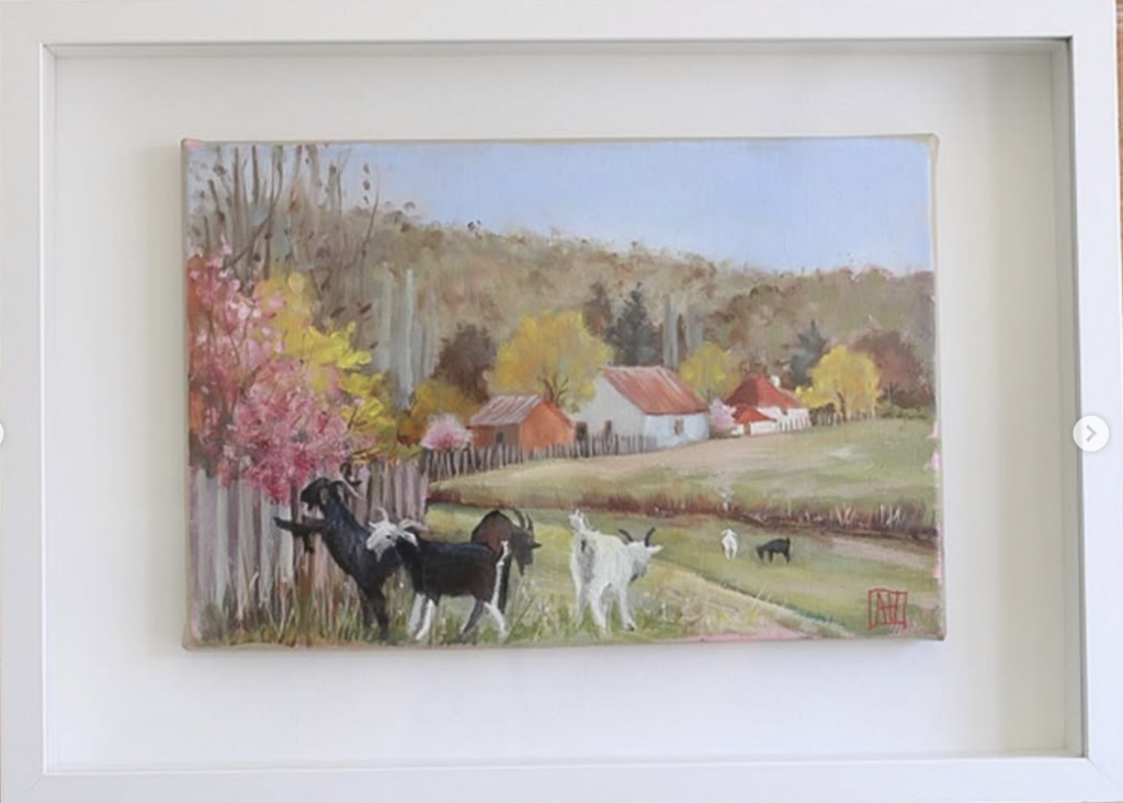 Goats at Hill End, gouache on board, art work by Annie Herron