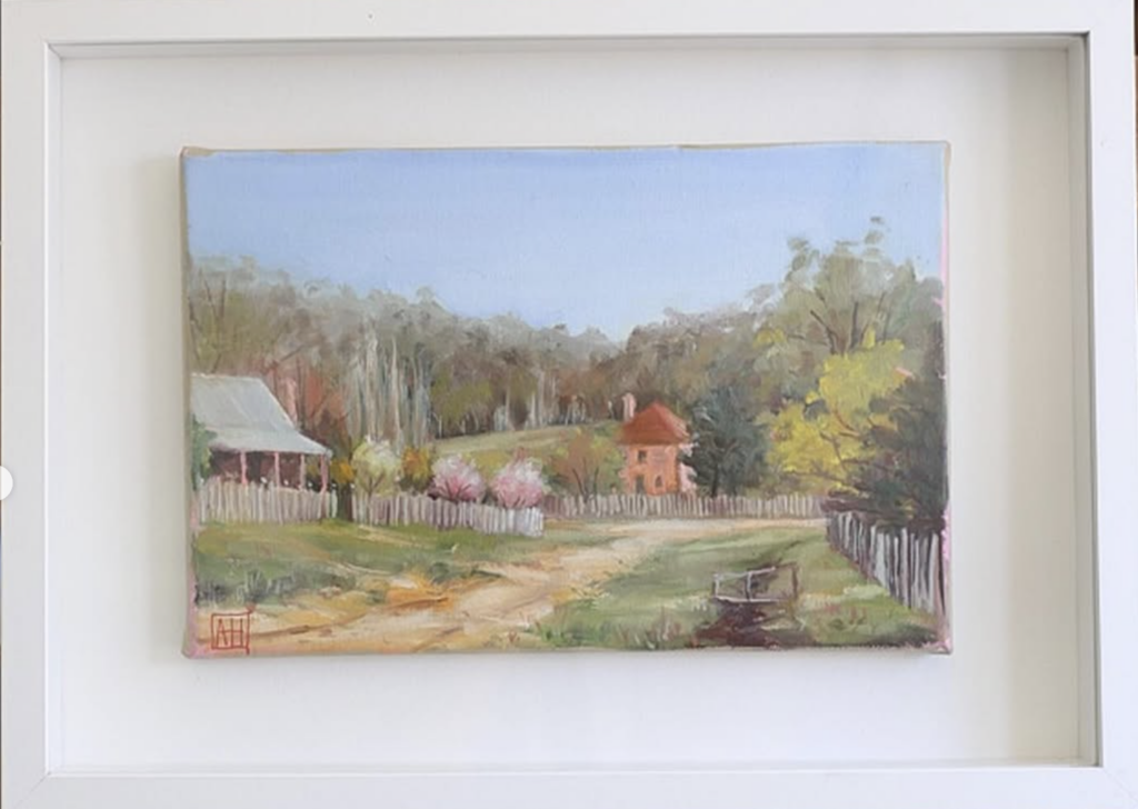Hill End landscape, gouache on board, art work by Annie Herron