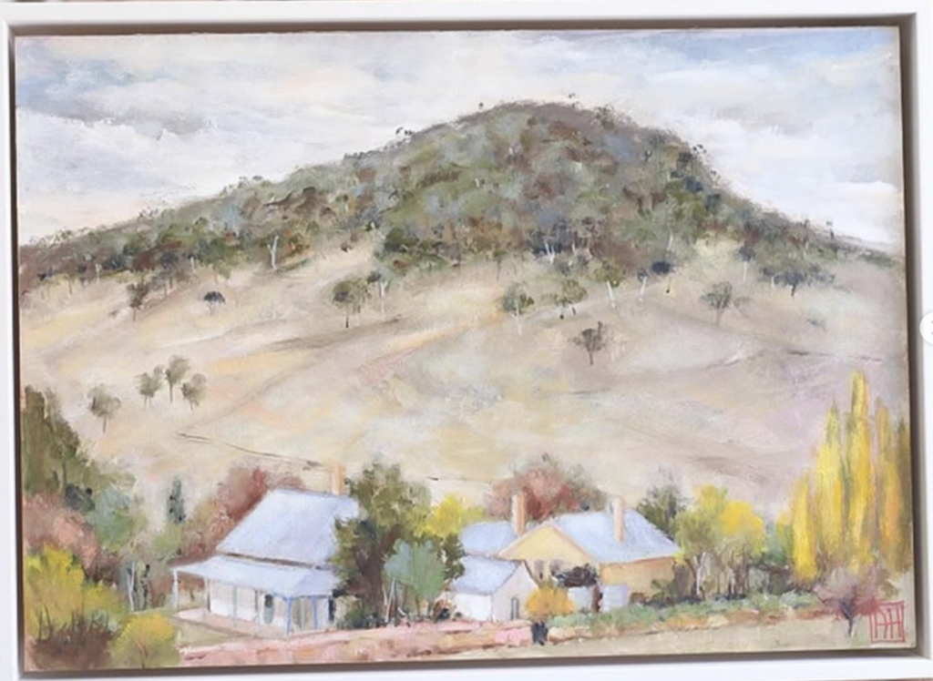 Artwork by Annie Herron, oil on board, titled "Homestead below the hill"