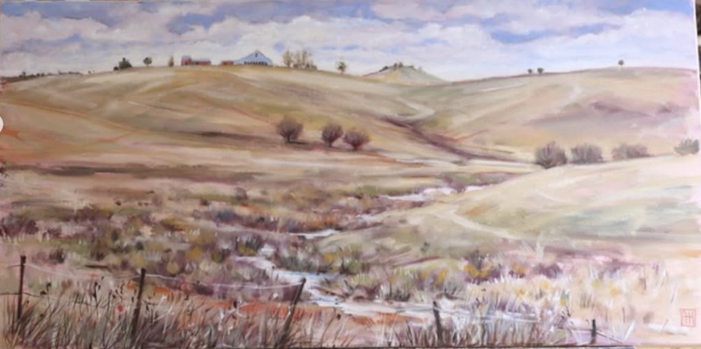 Artwork by Annie Herron, oil on board, titled "The Blue Shearing Shed"