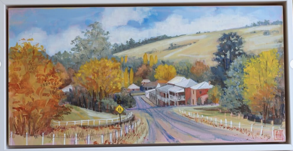 The road into Carcoar, gouache on board, art work by Annie Herron