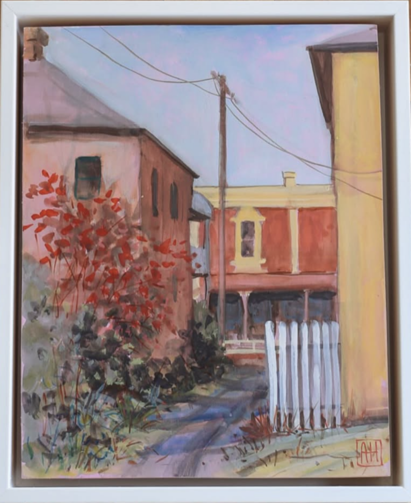 The village lane, gouache on board, artwork by Annie Herron