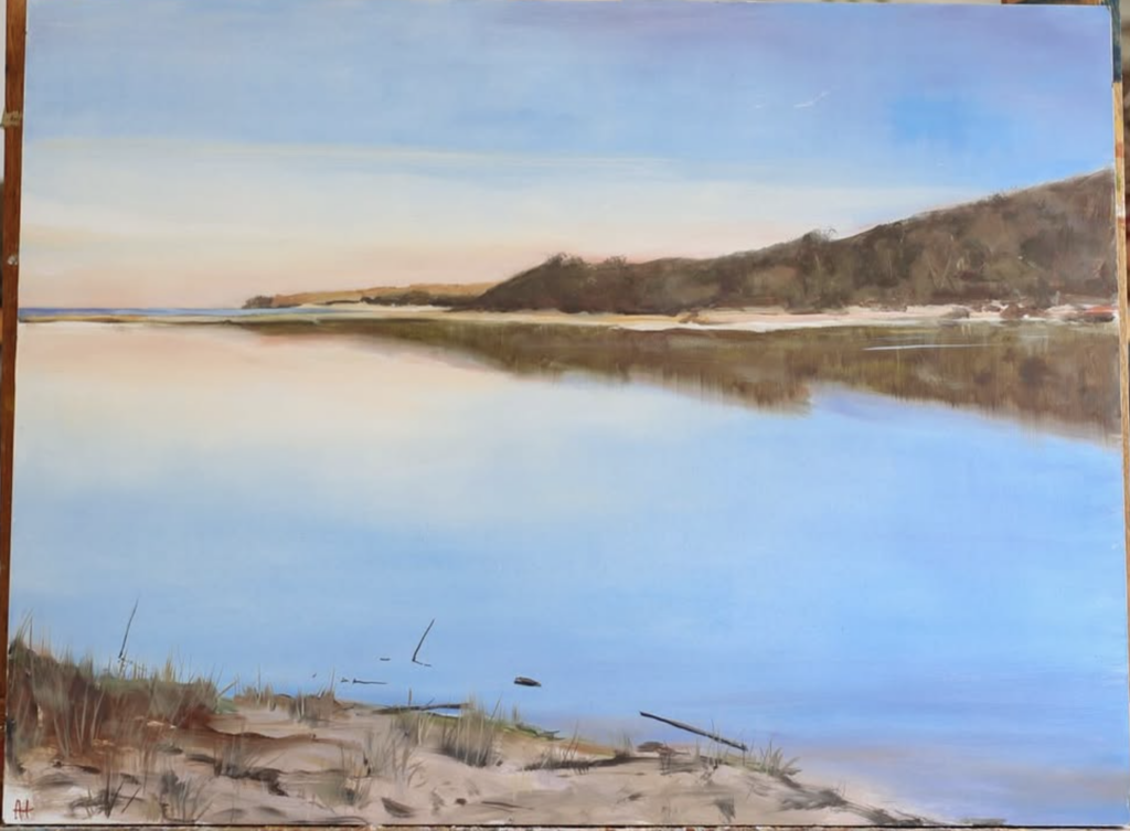 Where the river meets the sea, oil on board, artwork by Annie Herron